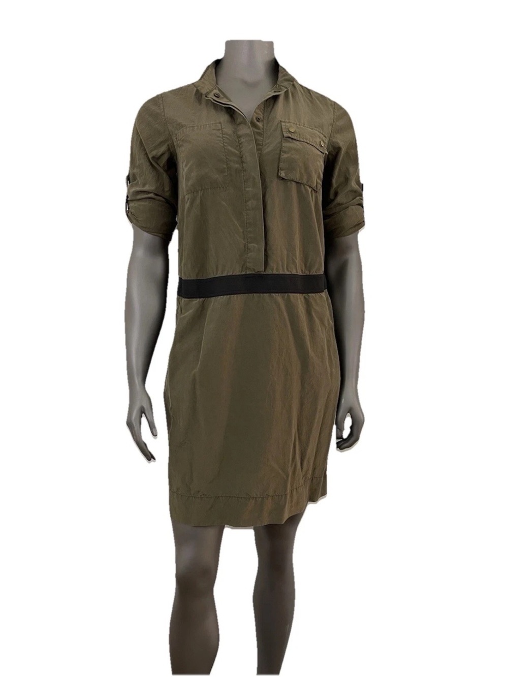 Banana‎ Republic Silk Dress Women’s 6 Green Cotton Cargo Knee Elastic Waist Army - Picture 2 of 13
